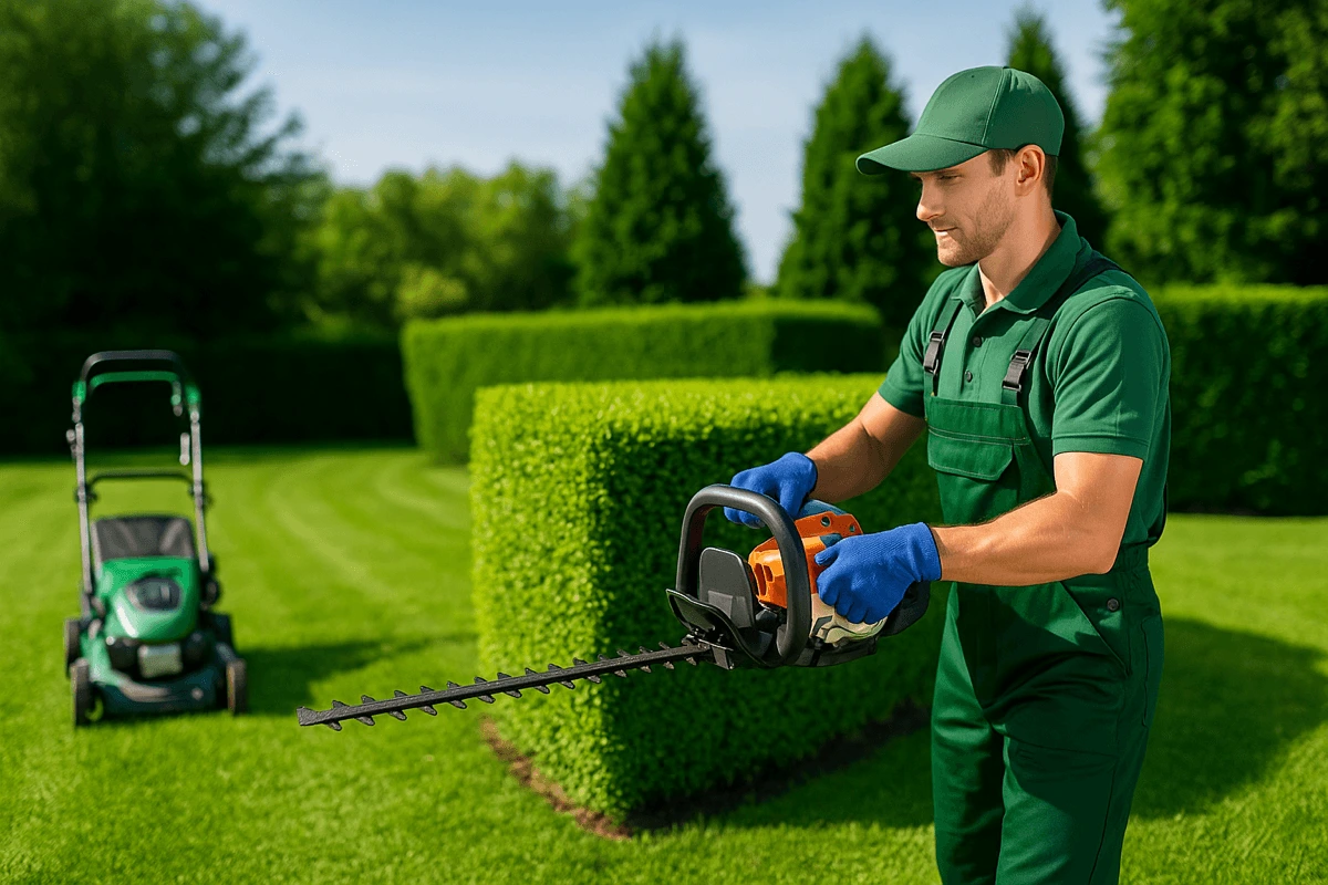 Herr bei der professionellen Grünanlagenpflege beim fachgerechten Grünschnitt