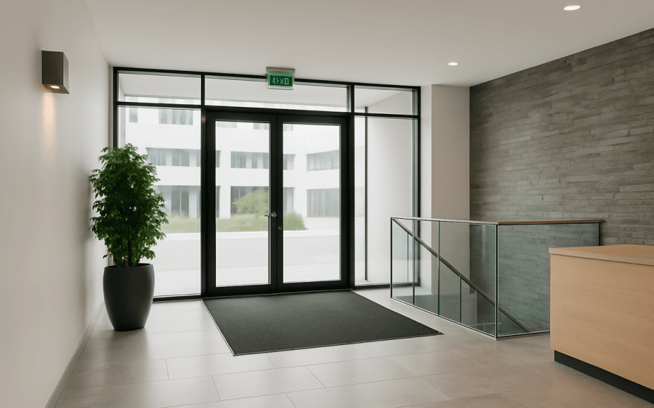 Moderner Eingangsbereich eines Bürogebäudes in Wuppertal – Symbol für professionelle Gebäudereinigung.