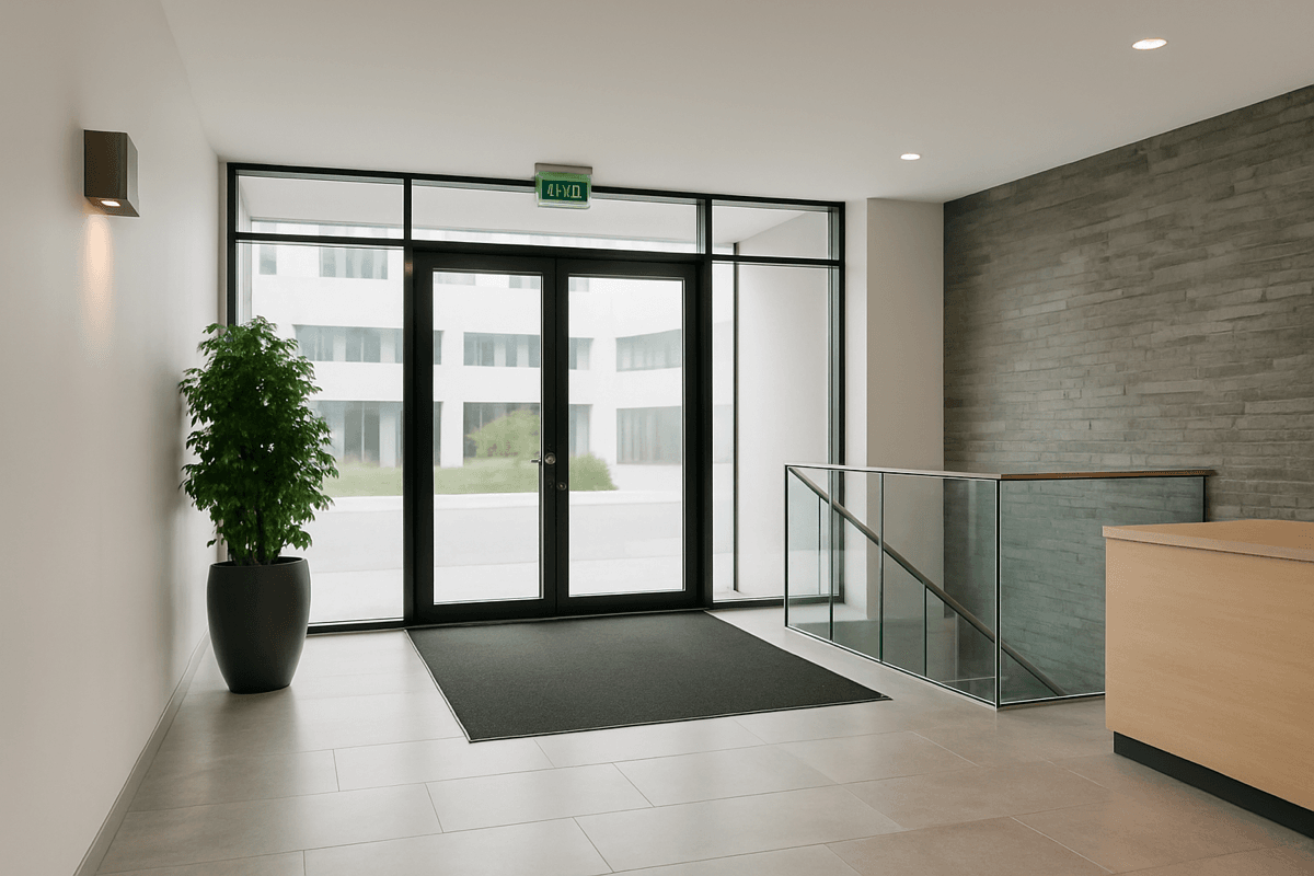 Moderner Eingangsbereich eines Bürogebäudes in Wuppertal – Symbol für professionelle Gebäudereinigung.